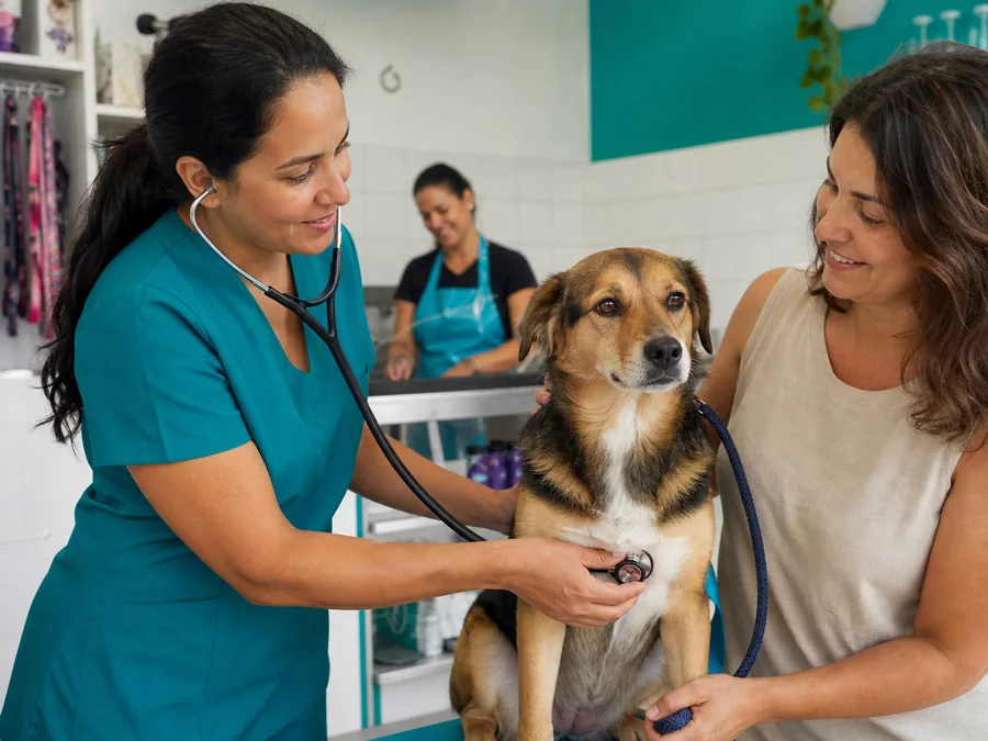Veterinária examinando um cachorro acompanhado por sua tutora